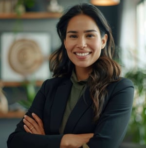 Professional woman in an office smiling with her arms folded